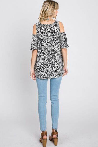 Heimish Full Size Leopard Round Neck Cold Shoulder T-Shirt Plus Size - Hovatok