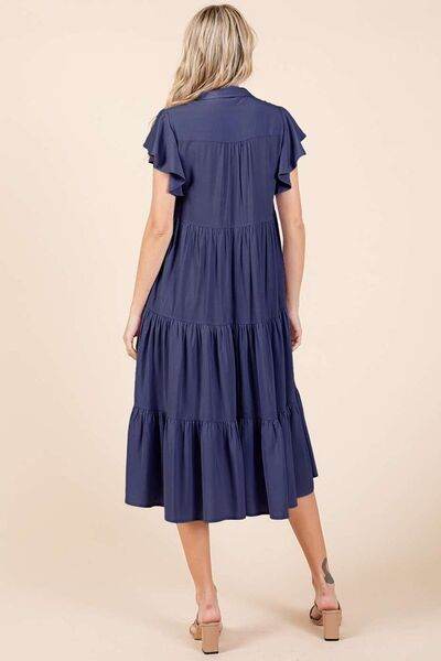 Mittoshop Ruffle Sleeve Collared V Neck Tiered Midi Dress - Hovatok
