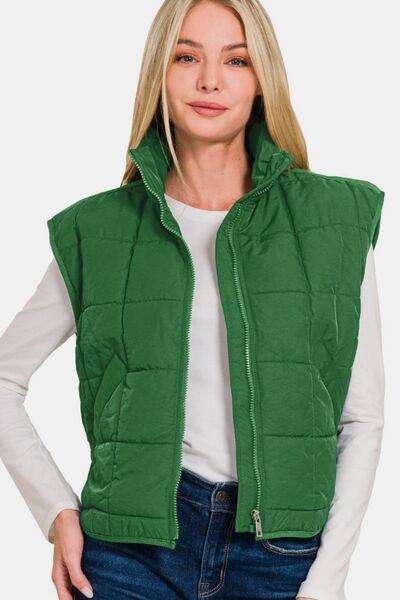 Zenana Zip Up Cropped Puffer Vest with Pockets - Hovatok
