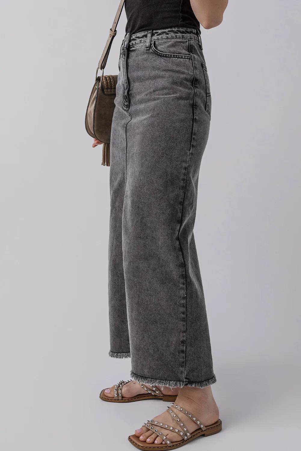 Raw Hem Midi Denim Skirt with Pockets - Hovatok