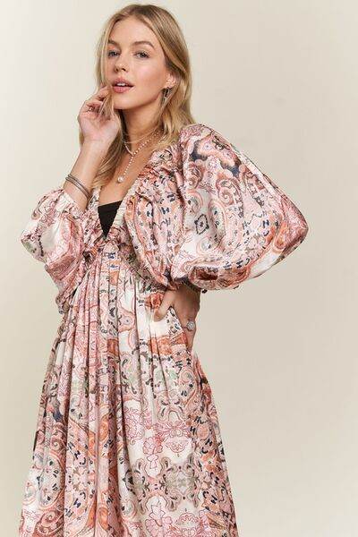 ADORA Printed V-Neck Batwing Sleeve Dress - Hovatok