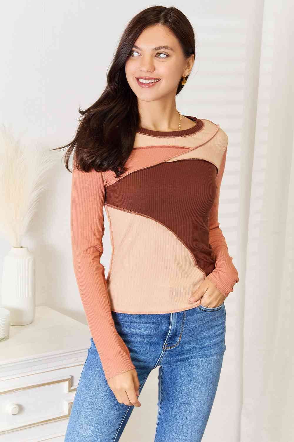 Double Take Color Block Exposed Seam Long Sleeve Top - Hovatok