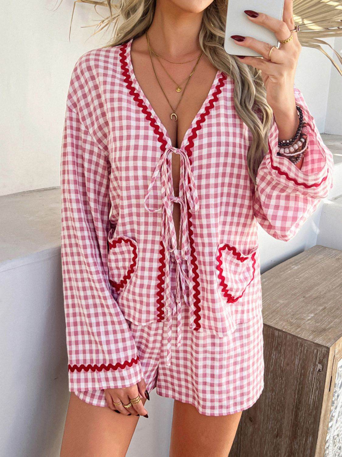 Devine Tie Front Contrast Plaid Shirt and Shorts Set - Hovatok
