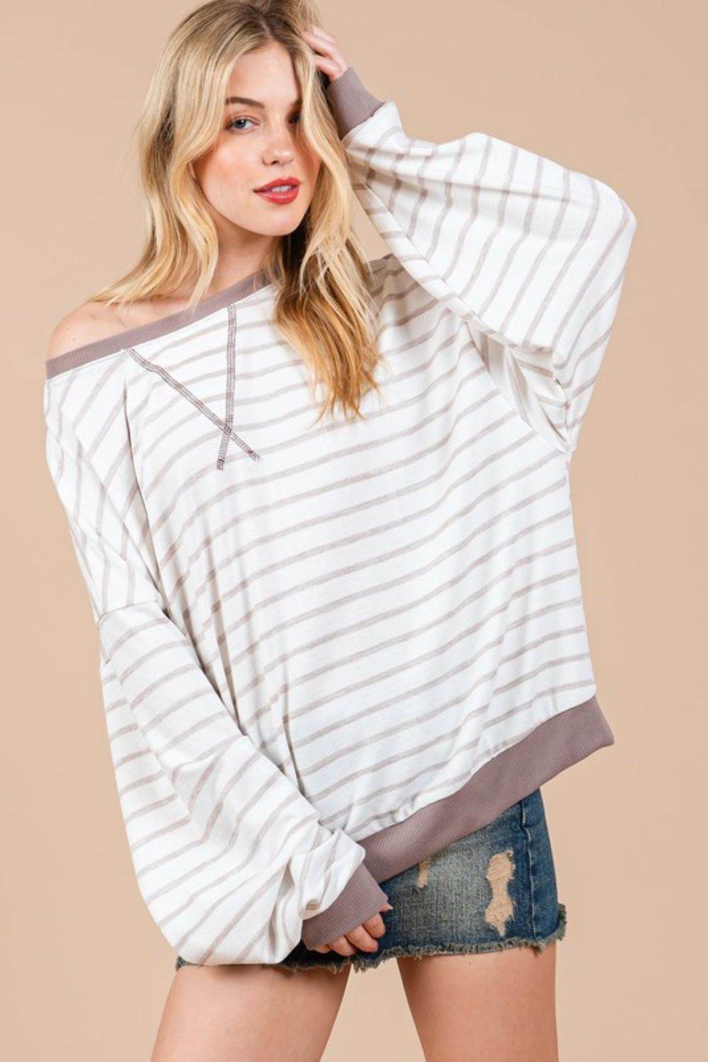 Ces Femme Striped Round Neck Drop Shoulder Sweatshirt - Hovatok