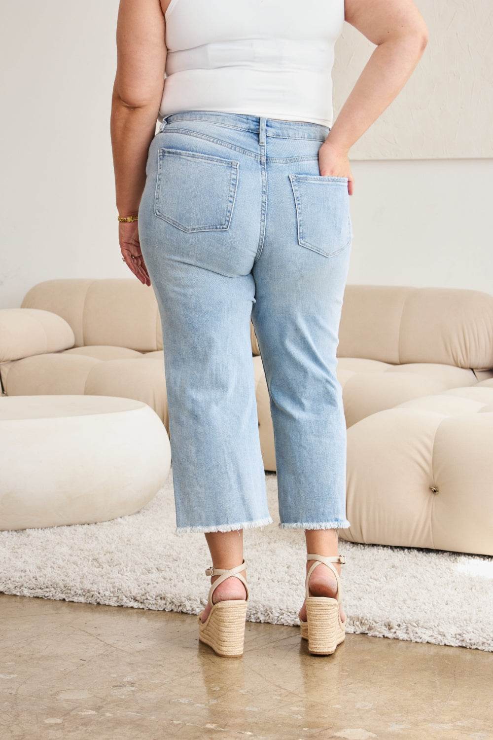 RFM Full Size Tummy Control High Waist Raw Hem Distressed Jeans - Hovatok