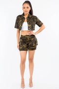 American Bazi Full Size Camouflage Short Sleeve Cropped Jacket - Hovatok