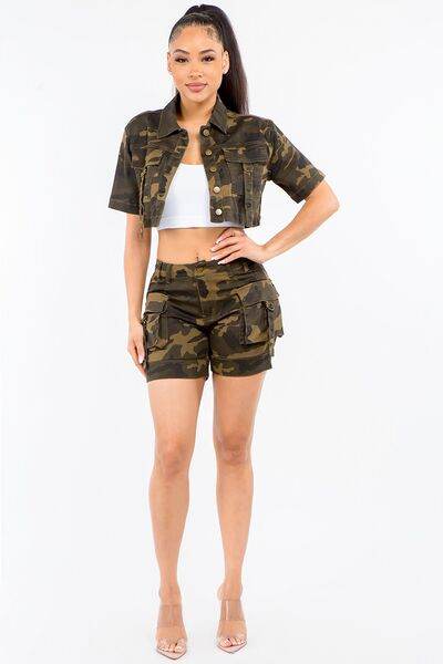 American Bazi Full Size Camouflage Short Sleeve Cropped Jacket - Hovatok