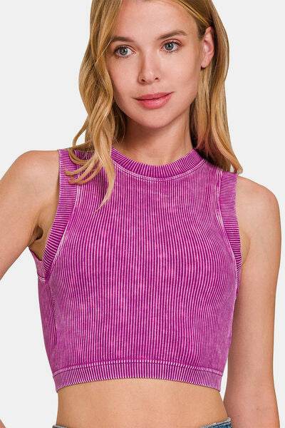 Zenana Washed Ribbed Seamless Crop Tank with Bra Pad - Hovatok
