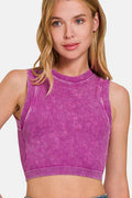 Zenana Washed Ribbed Seamless Crop Tank with Bra Pad - Hovatok