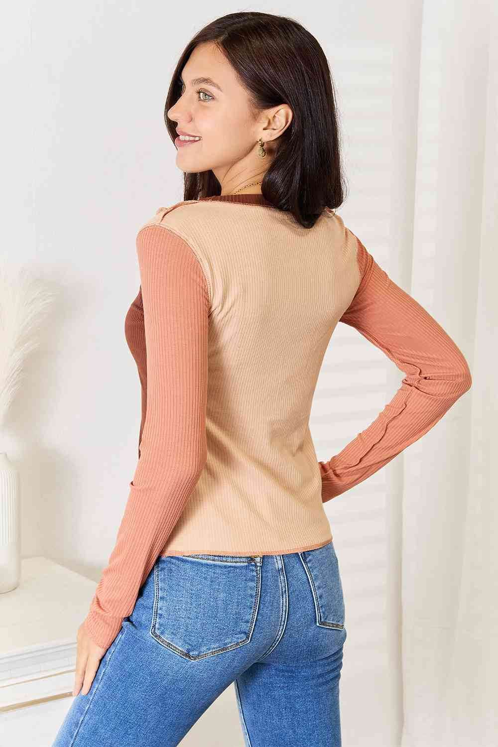 Double Take Color Block Exposed Seam Long Sleeve Top - Hovatok