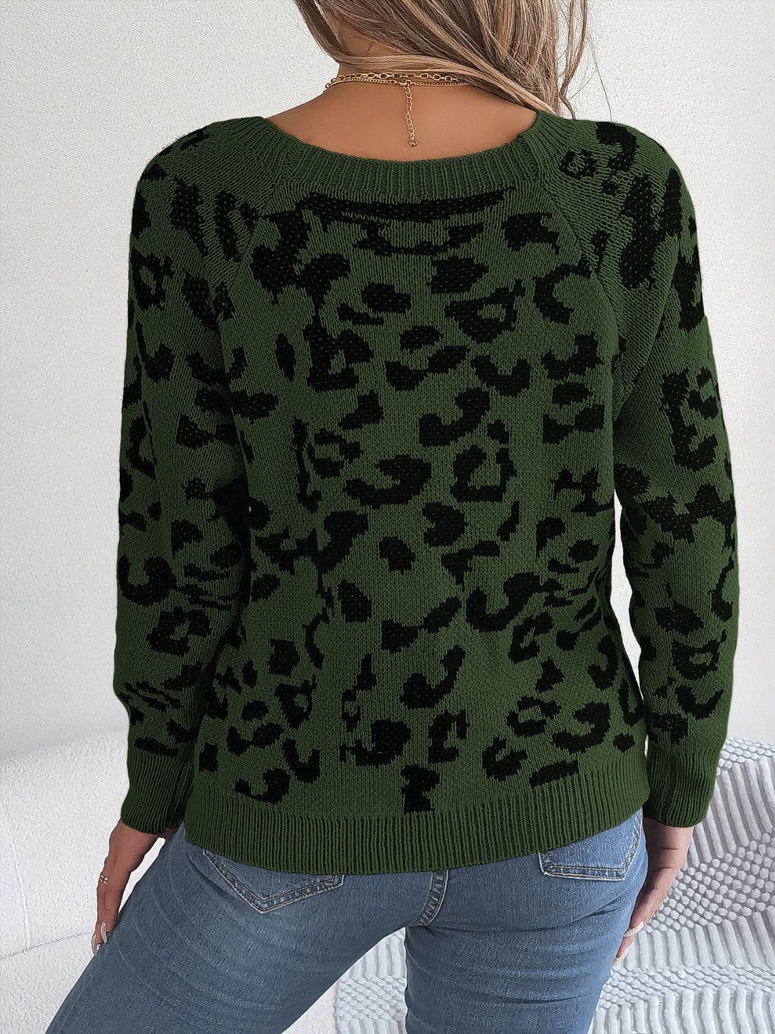 Leopard Buttoned Square Neck Sweater - Hovatok