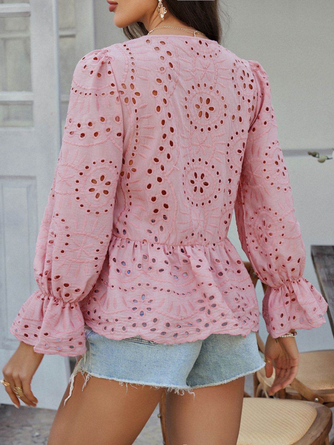 Devine Tie Front Flounce Sleeve Peplum Blouse - Hovatok