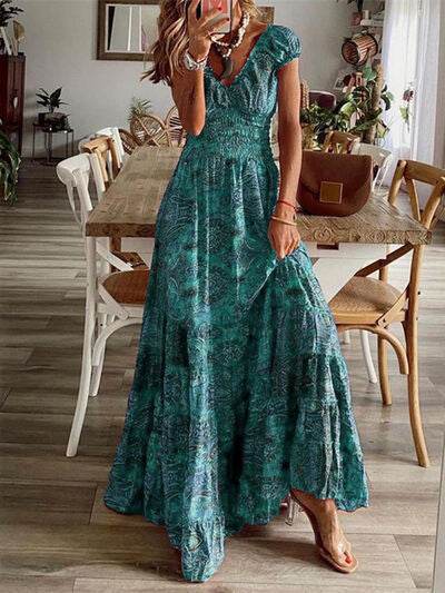 Full Size Smocked Printed V-Neck Short Sleeve Dress - Hovatok