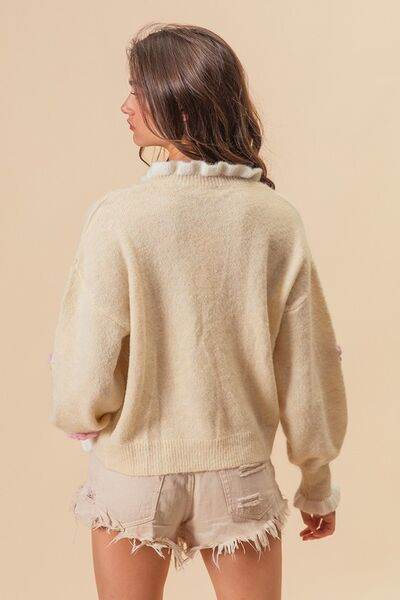 BiBi Ruffled Crochet Flower Dropped Shoulder Sweater - Hovatok
