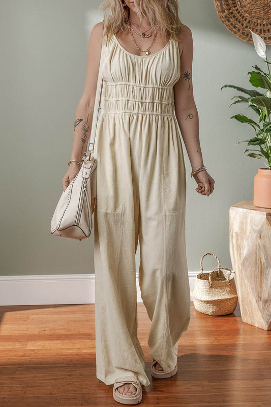 Ruched Sleeveless Wide Leg Jumpsuit - Hovatok