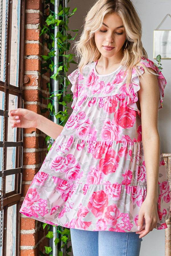 Heimish Full Size Butterfly Sleeve Round Neck Floral Tiered Top Plus Size - Hovatok