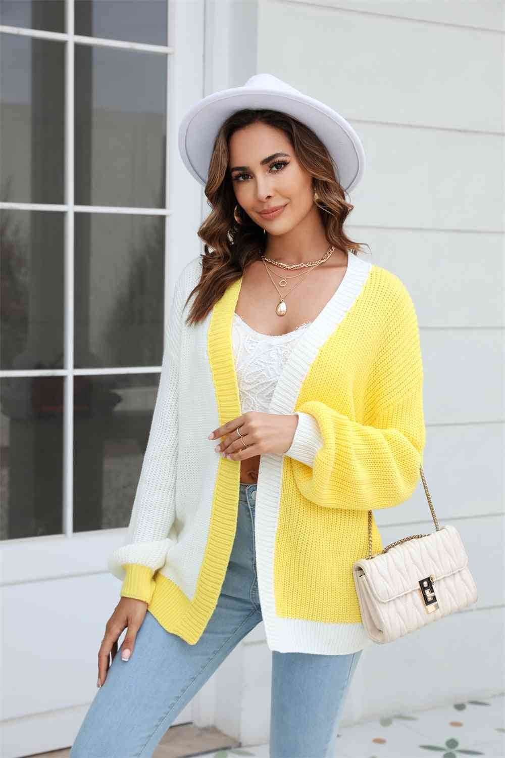 Angel Wings Open Front Contrast Color Balloon Sleeve Cardigan - Hovatok
