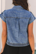 Button Up Cap Sleeve Denim Jacket - Hovatok
