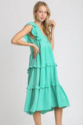 Umgee Full Size Ruffle Tiered Cap Sleeve Midi Dress Plus Size - Hovatok