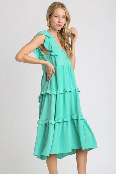 Umgee Full Size Ruffle Tiered Cap Sleeve Midi Dress Plus Size - Hovatok