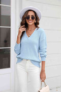 Angel Wings Ribbed V-Neck Dropped Shoulder Knit Top - Hovatok