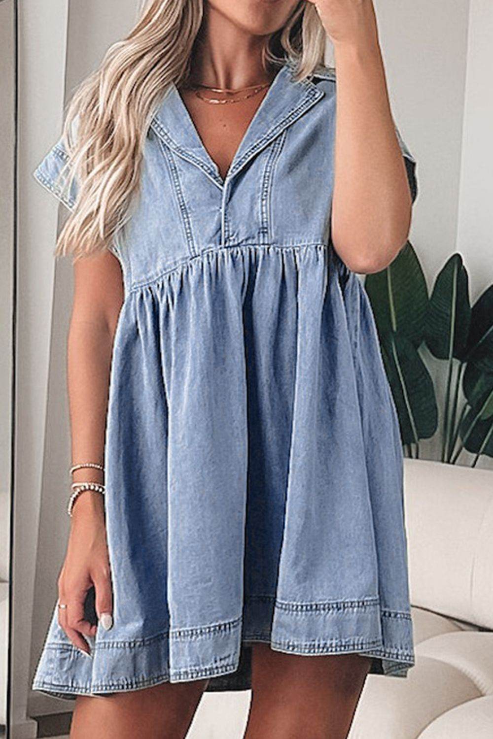 Lapel Neck Cap Sleeve Denim Babydoll Dress - Hovatok