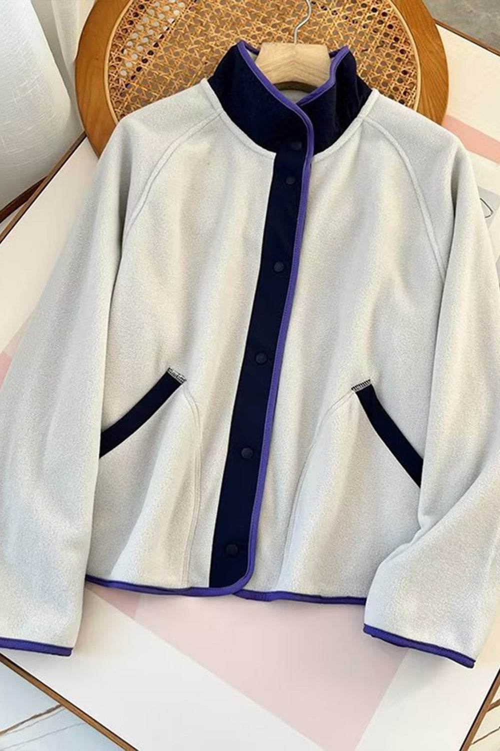 Double Take Snap Down Contrast Fleece Jacket with Pockets - Hovatok