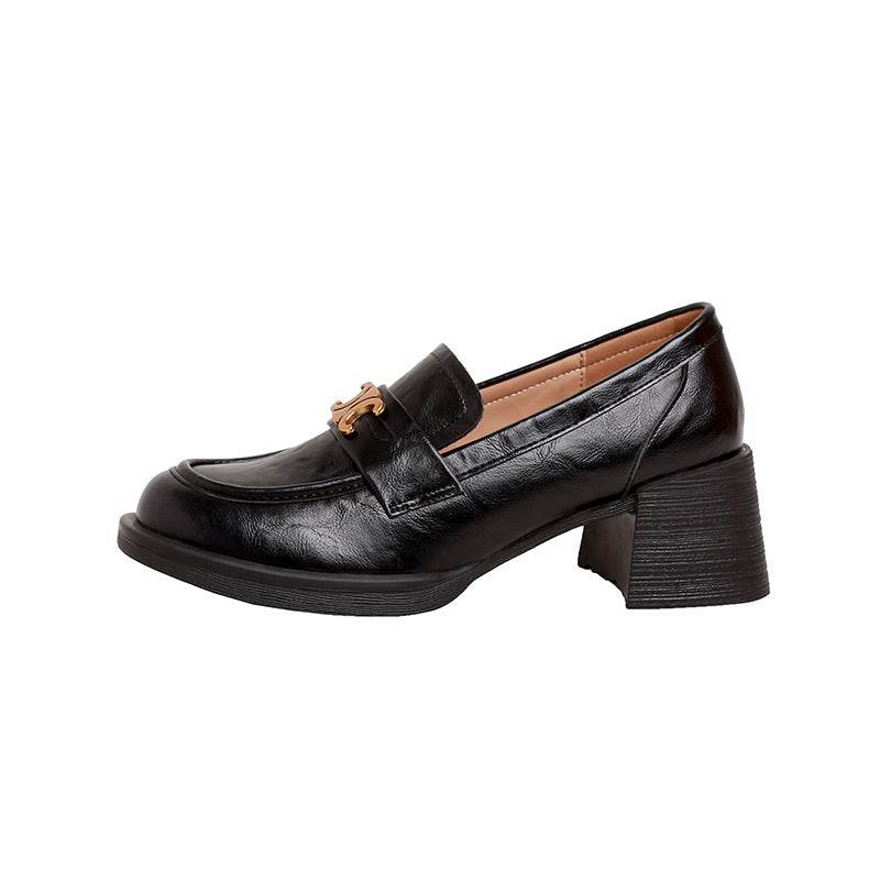 Round Toe Block Heel Loafers - Hovatok