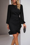Devine Ruched Ruffled Balloon Sleeve Mini Dress - Hovatok