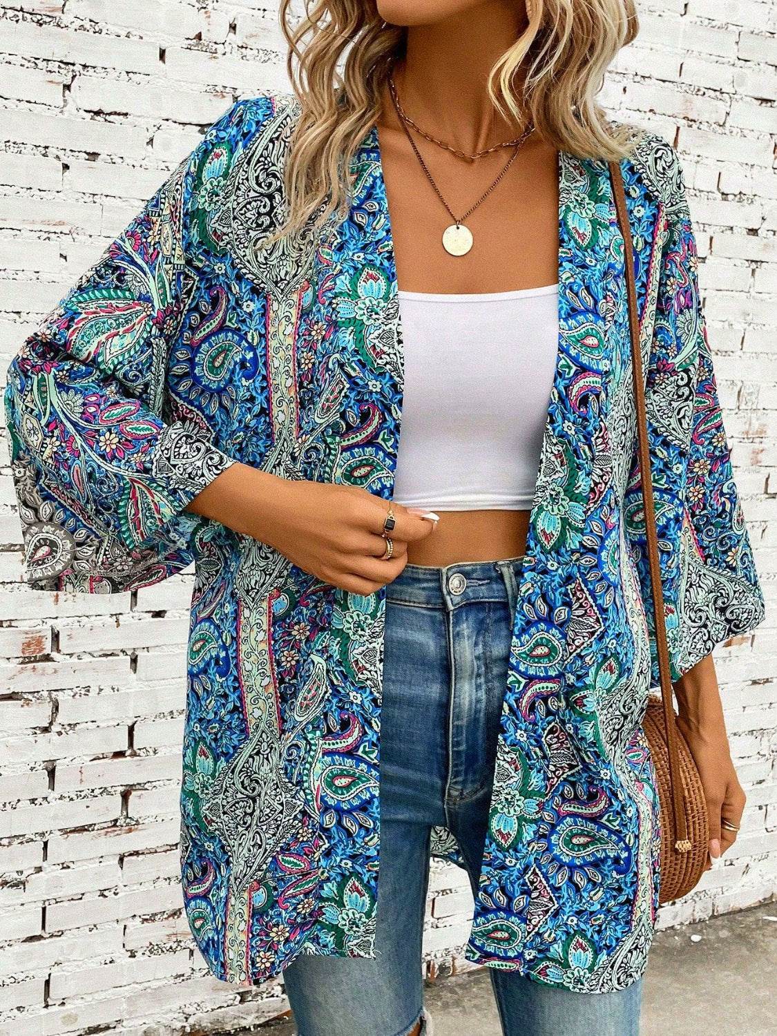 Printed Open Front Three-Quarter Sleeve Cover Up - Hovatok