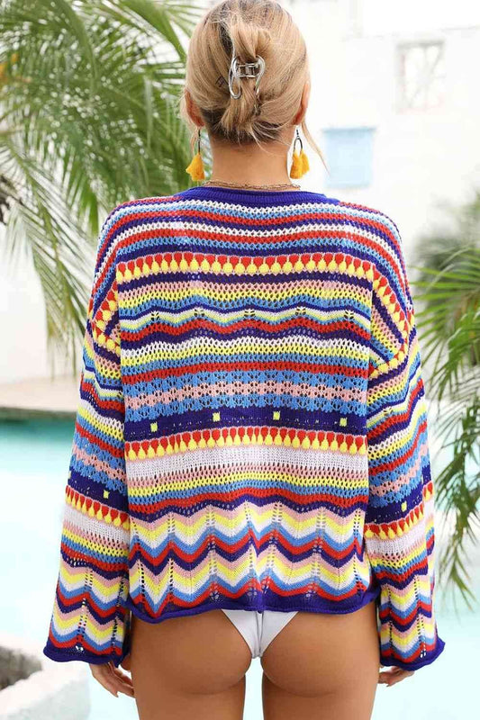 Angel Wings Multicolored Stripe Round Neck Cover-Up - Hovatok