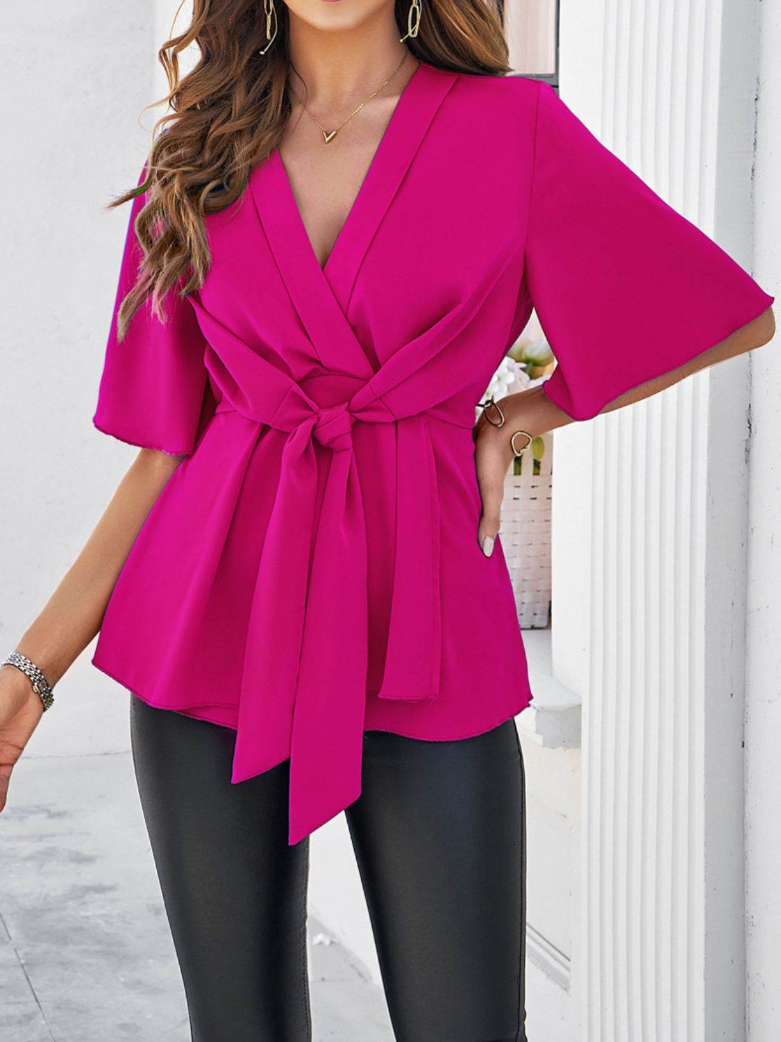 Devine Tied Front Peplum Blouse - Hovatok