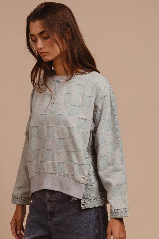 BiBi Mineral Washed Checkered Round Neck Denim Top - Hovatok