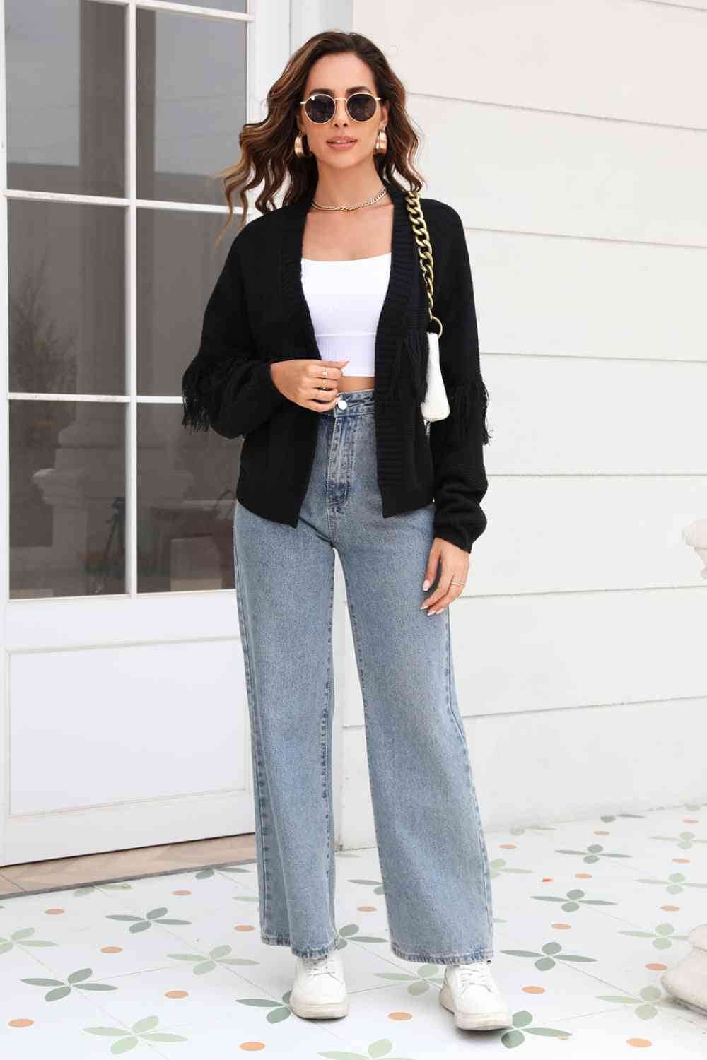 Angel Wings Fringe Trim Open Front Cardigan - Hovatok