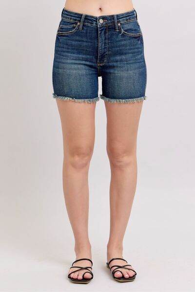 Judy Blue Tummy Control Fray Hem & Shield Back Pockets Denim Shorts - Hovatok