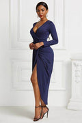 High-low Ruched Surplice Long Sleeve Dress - Hovatok