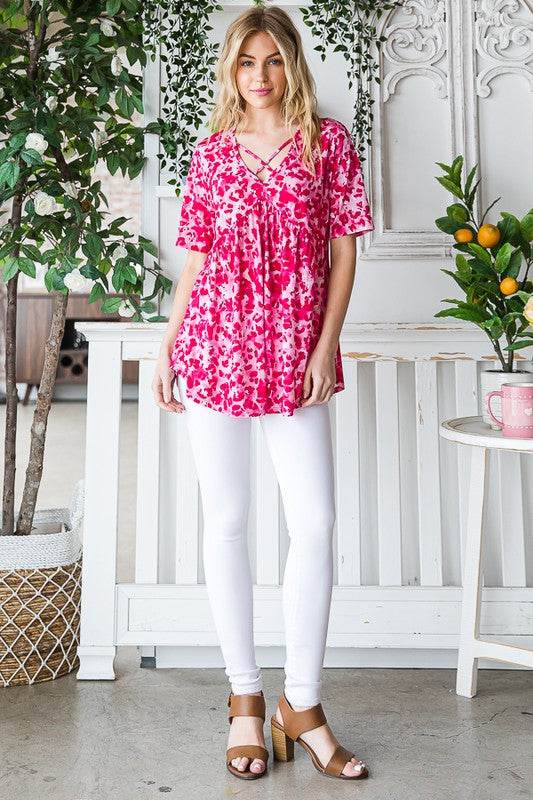 Heimish Full Size Short Sleeve Crisscross Animal Babydoll Top Plus Size - Hovatok