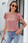 Ruffled Notched Short Sleeve Blouse - Hovatok
