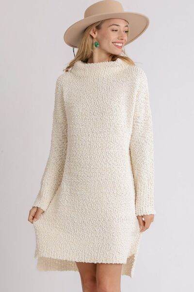 Umgee Full Size High Low Long Sleeve Boucle Sweater Dress Plus Size - Hovatok
