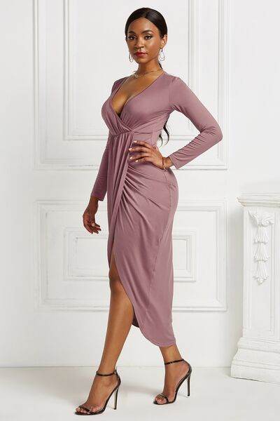 High-low Ruched Surplice Long Sleeve Dress - Hovatok