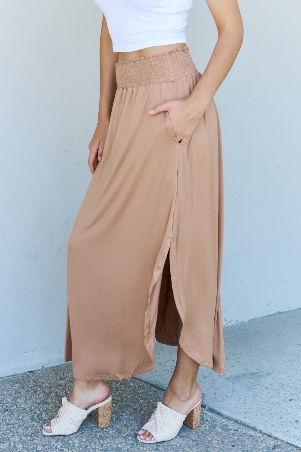 Doublju Comfort Princess Full Size High Waist Scoop Hem Maxi Skirt in Tan - Hovatok