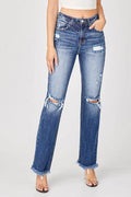 Risen Full Size Raw Hem Distressed Straight Jeans - Hovatok