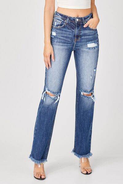 Risen Full Size Raw Hem Distressed Straight Jeans - Hovatok