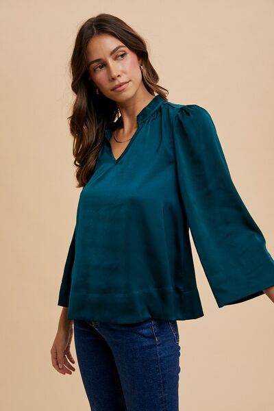 Annie Wear Satin Notched Three-Quarter Sleeve Blouse - Hovatok