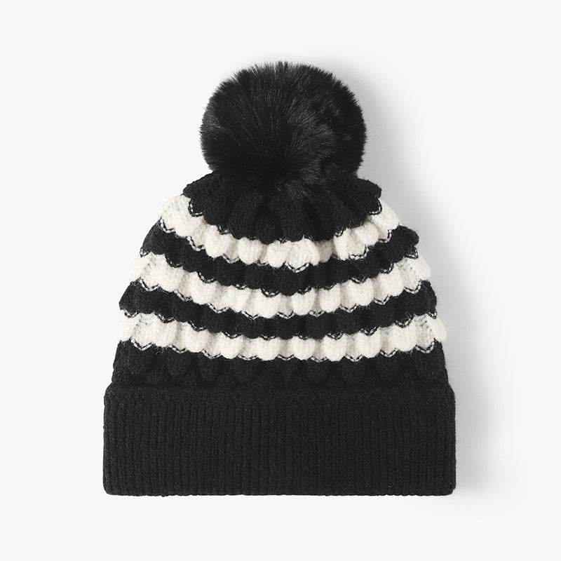 Striped Contrast Knit Hat with Pom-pom - Hovatok