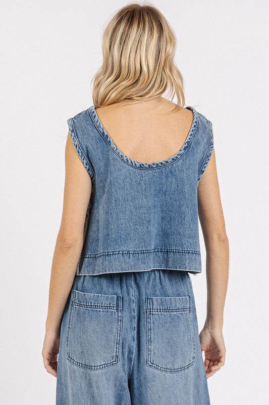Mittoshop Washed Denim Distressed Detail Crop Tank - Hovatok