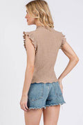 Ces Femme Texture Mock Neck Ruffle Cap Sleeve Blouse - Hovatok
