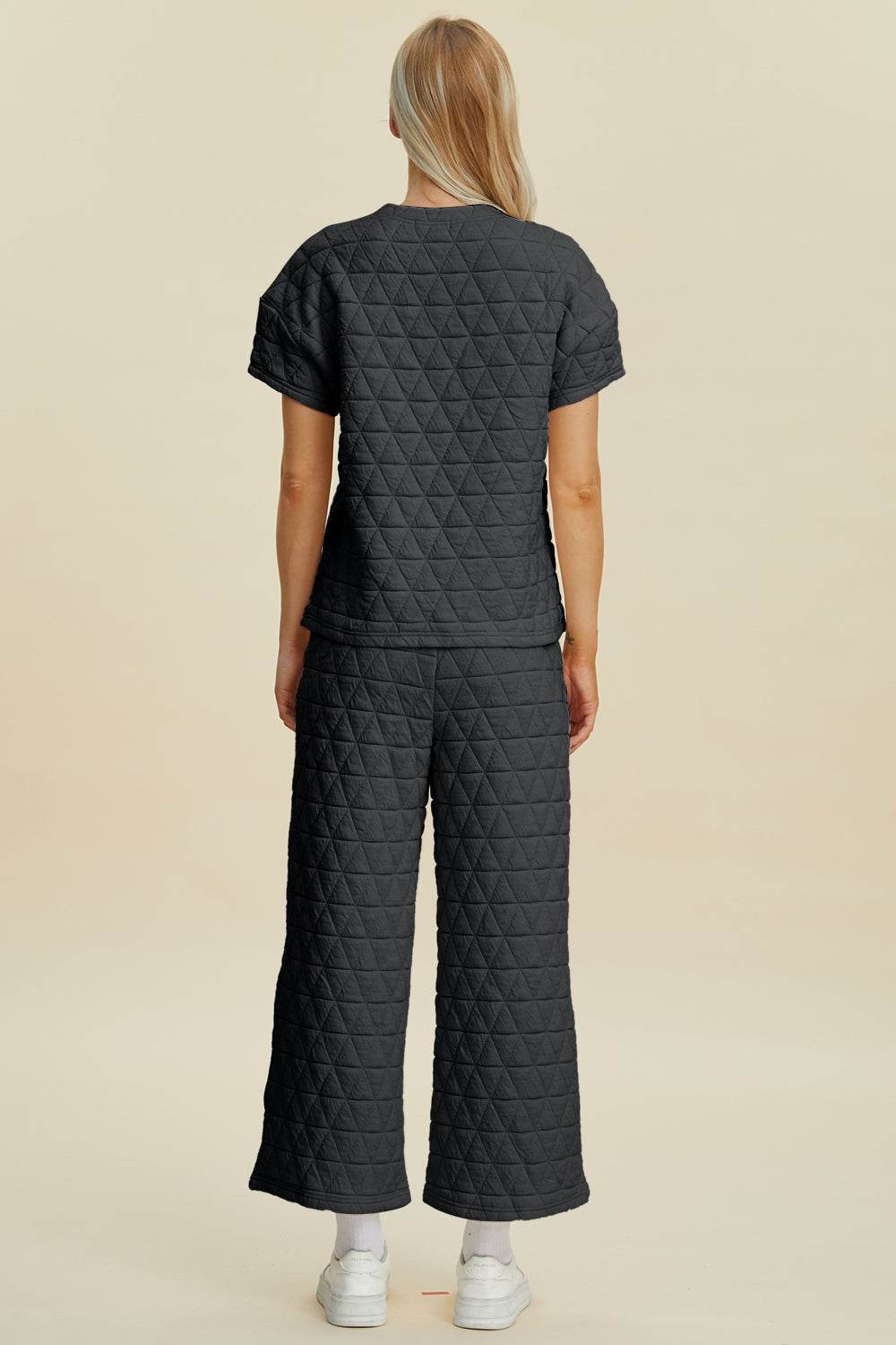 Double Take Full Size Texture Round Neck Short Sleeve Top and Pants Set - Hovatok