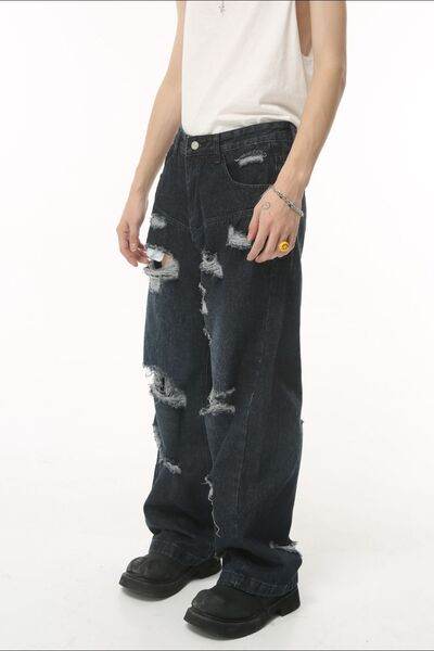 Distressed Wide Leg Pocketed Men's Jeans - Hovatok