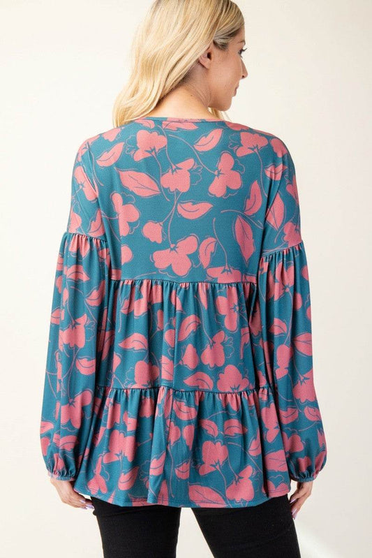 Celeste Full Size Tiered Floral V-Neck Long Sleeve Blouse - Hovatok
